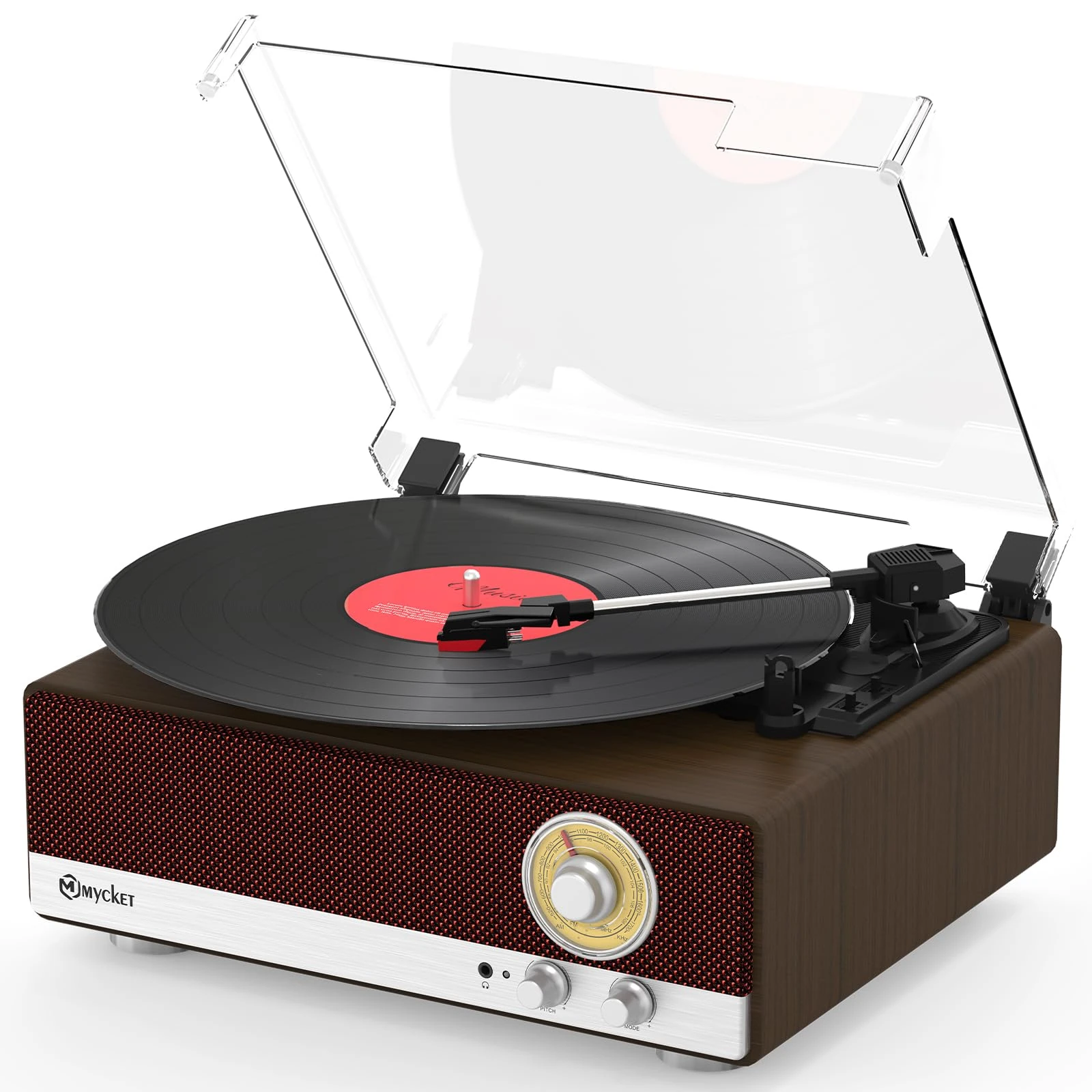 Mycket Vinyl Record Player with Dual Stereo Speaker, Bluetooth 5.3 Turntable Vintage Vinyl Player Support AM/FM Radio, Bluetooth Transmitter,RCA Out, 3 Speed Belt-Driven,Auto-Stop,Wooden Design-Red