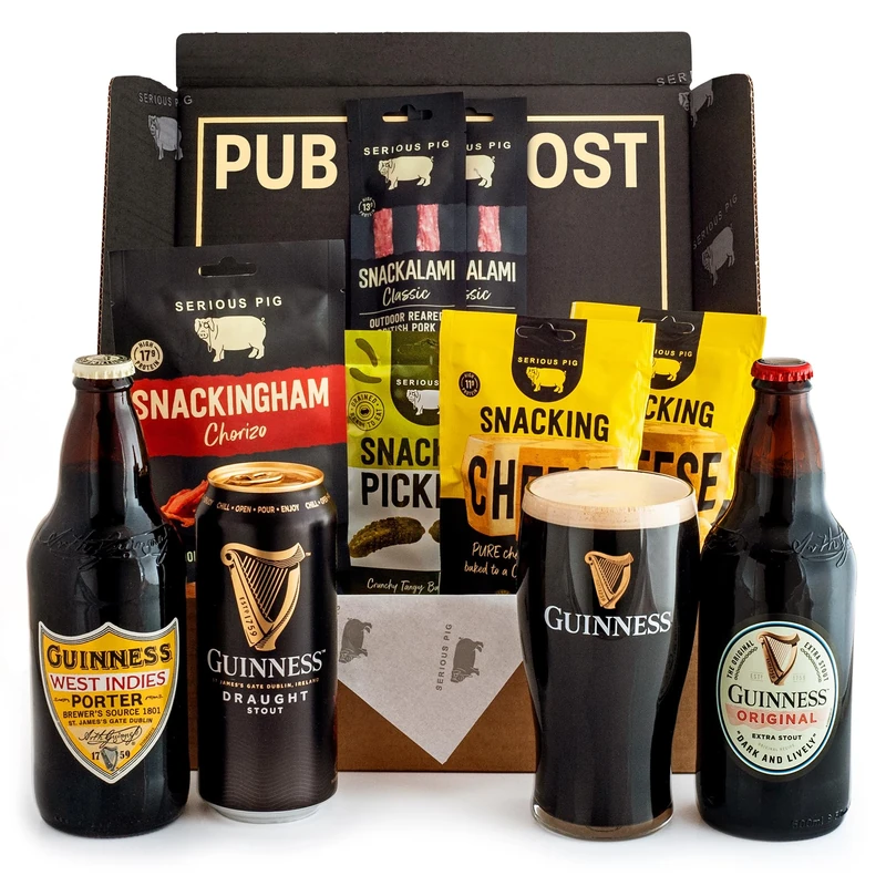 Serious Pig + Guinness Gift Set with Official Guinness Glass and Gourmet Pub Snacks (10 Pack)
