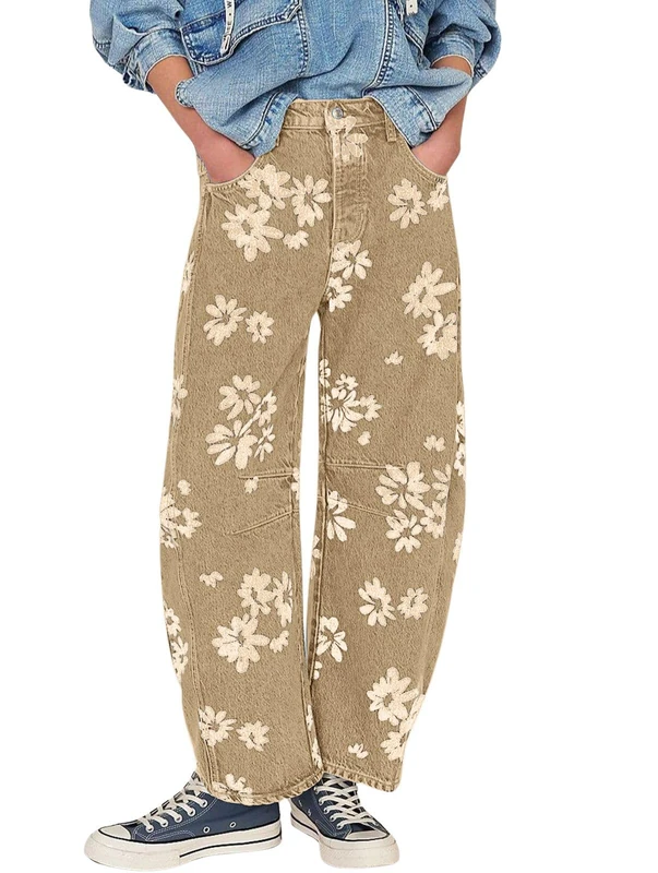 loveimgs Women Y2k Distressed Barrel Jeans Baggy Wide Leg Jeans Floral Printed Boyfriend Patchwork Denim Pants, Khaki, Large - Image 1