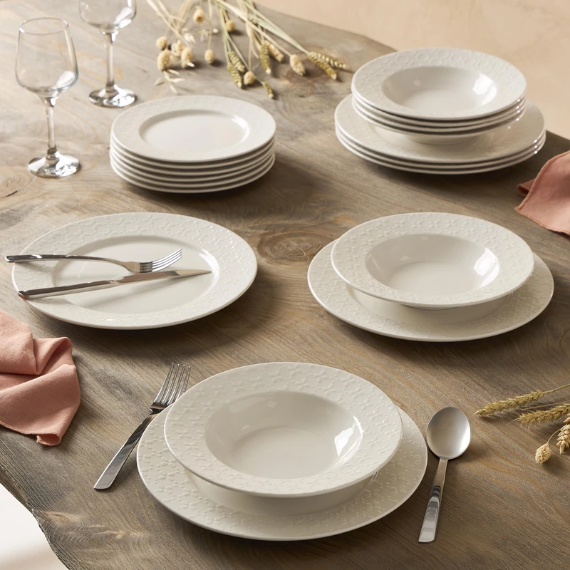 Geneviève Lethu 545867 Dinner Set for 6 People 18 Pieces White Porcelain Soup Plates Dessert Plates Embossed Calais Caudry Collection