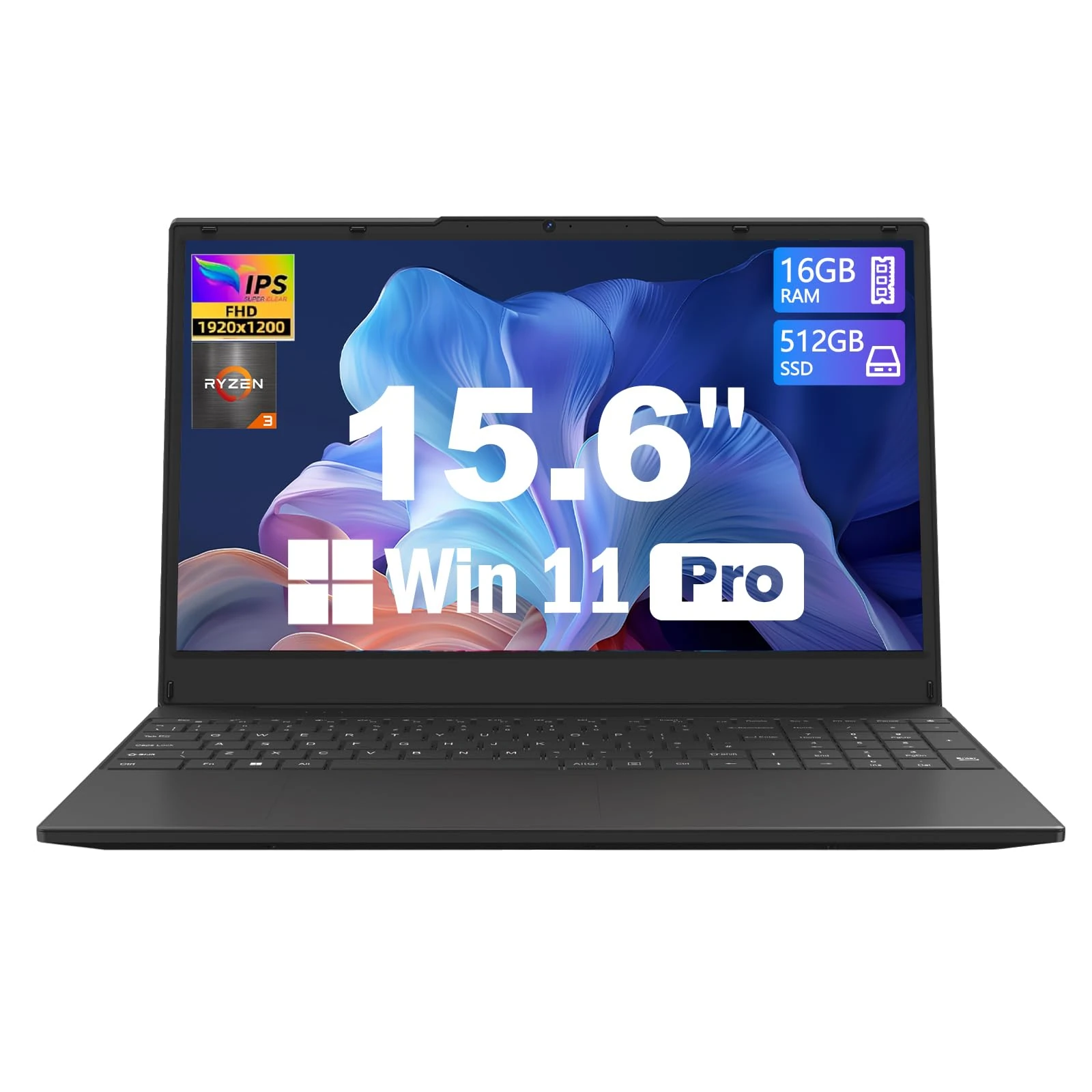 Azeyou 15.6 inch Laptop, Ryzen 3 3200U Processor Notebook Computer, 16GB RAM & 512GB PCle SSD Laptop, FHD+ Screen, Win 11 Pro Laptops, 4500mAh, Dual-Band WiFi, BT5.0, Full Function Type-C, Black
