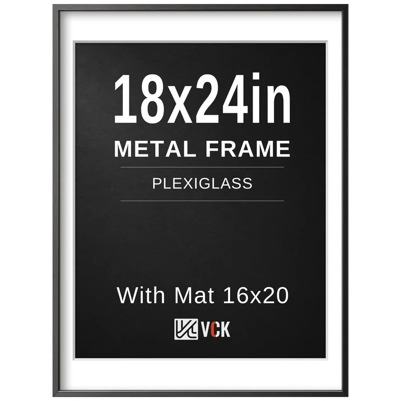 VCK 18x24 Black Poster Frame, Aluminum Picture Frame - Displays 16x20 Posters with Mat or 18x24 without, Wall Mounted, Home Decor for Living Room, Office, Gallery Wall