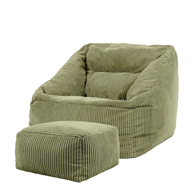 icon Natalia Cord Bean Bag Chair with Footstool, Sage Green, Large Adult Bean Bag with Filling Included, Comfy Chair, Armchair, Living Room, Living Room Furniture, Bedroom Furniture