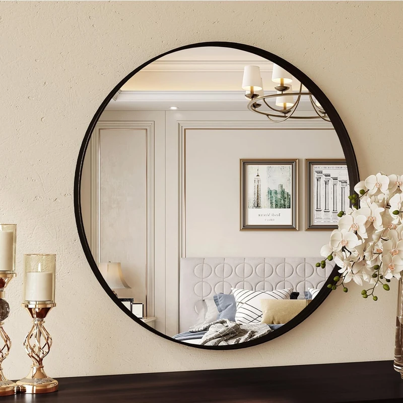 Clevich Round Wall Mirror 60cm, Black Framed Circle Mirror with Tempered Safety Glass, large Decorative Hanging Vanity Mirror for Wall, Hallway, Bathroom, Living Room & Bedroom Decor