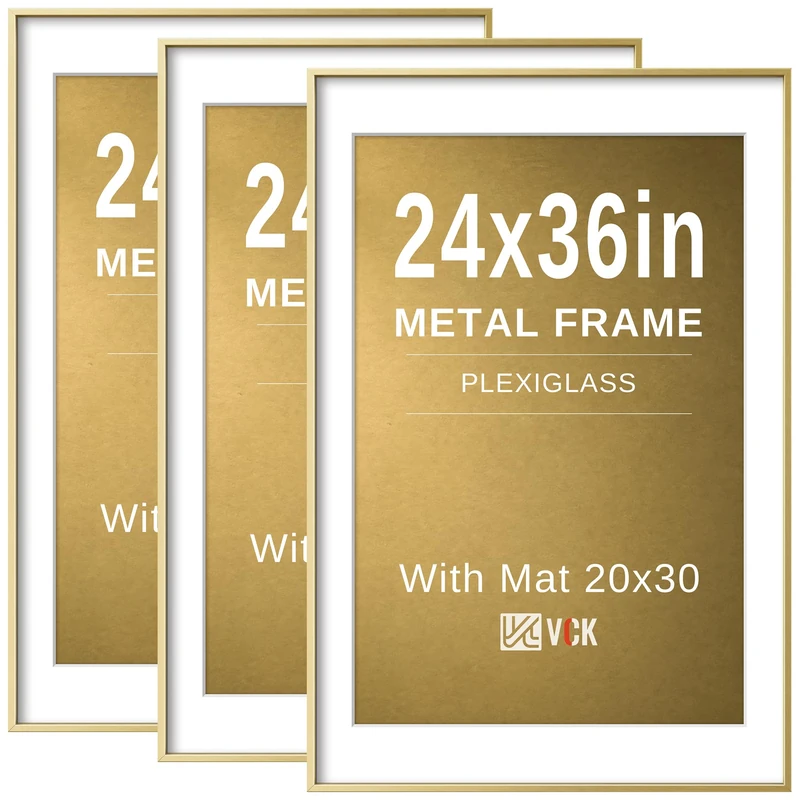VCK 24x36 Gold Poster Frame 3 Pack, Aluminum Picture Frame - Displays 20x30 Posters with Mat or 24x36 without, Wall Mounted, Home Decor for Living Room, Office, Gallery Wall