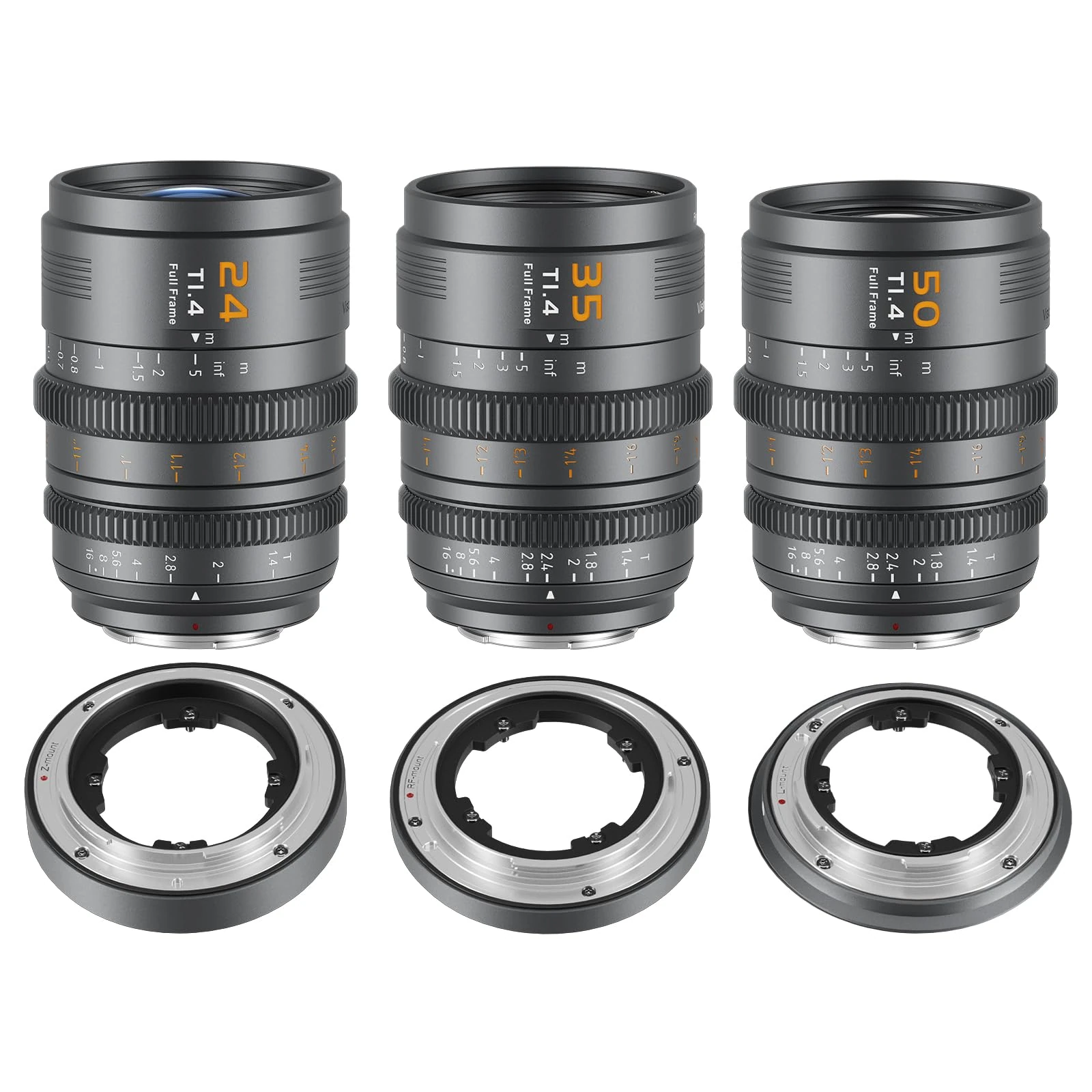 SIRUI VP-1 Vision Prime 1 T1.4 Full Frame Cine Lens Set, 24mm, 35mm, 50mm Manual Focus Cinema Lens with Pre-Installed E Mount, Interchangeable RF/Z/L Mounts, 1 Lens for 4 Mounts (Metal Gray)