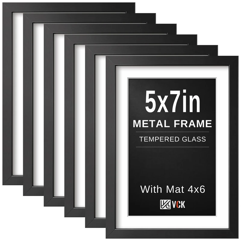VCK 5x7 Black Aluminum Picture Frame 6 Pack - Clear Glass, Displays 4x6 Photos with Mat or 5x7 without Mat, Tabletop or Wall Hanging, Home Decor for Living Room, Office