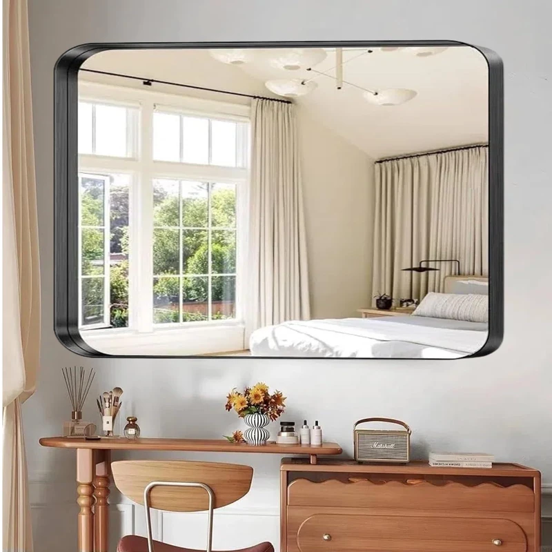 Clevich Wall Mirror, 90x60cm Rectangle Bathroom Mirror with HD Explosion-proof Tempered Glass, Black Aluminum Alloy Frame，Curved Corners & Pre-installed Hooks for Living Room/Bedroom/Entryway/Hallway