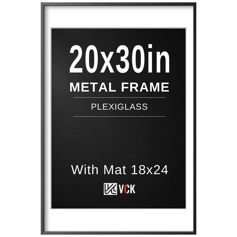 VCK 20x30 Black Poster Frame, Aluminum Picture Frame - Displays 18x24 Posters with Mat or 20x30 without, Wall Mounted, Home Decor for Living Room, Office, Gallery Wall