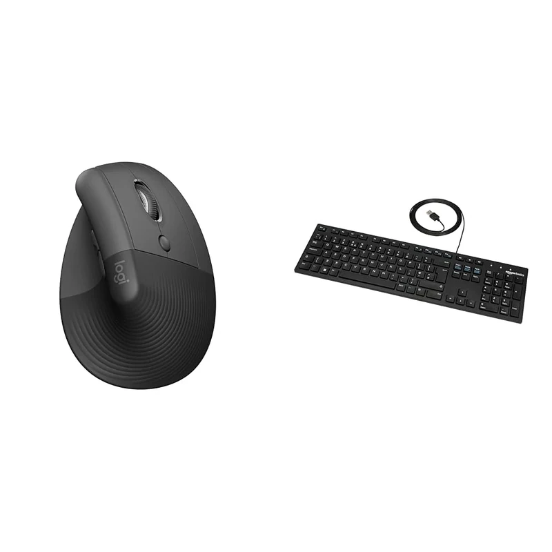 Logitech Lift Vertical Ergonomic & Amazon Basics Low-Profile Wired USB Keyboard