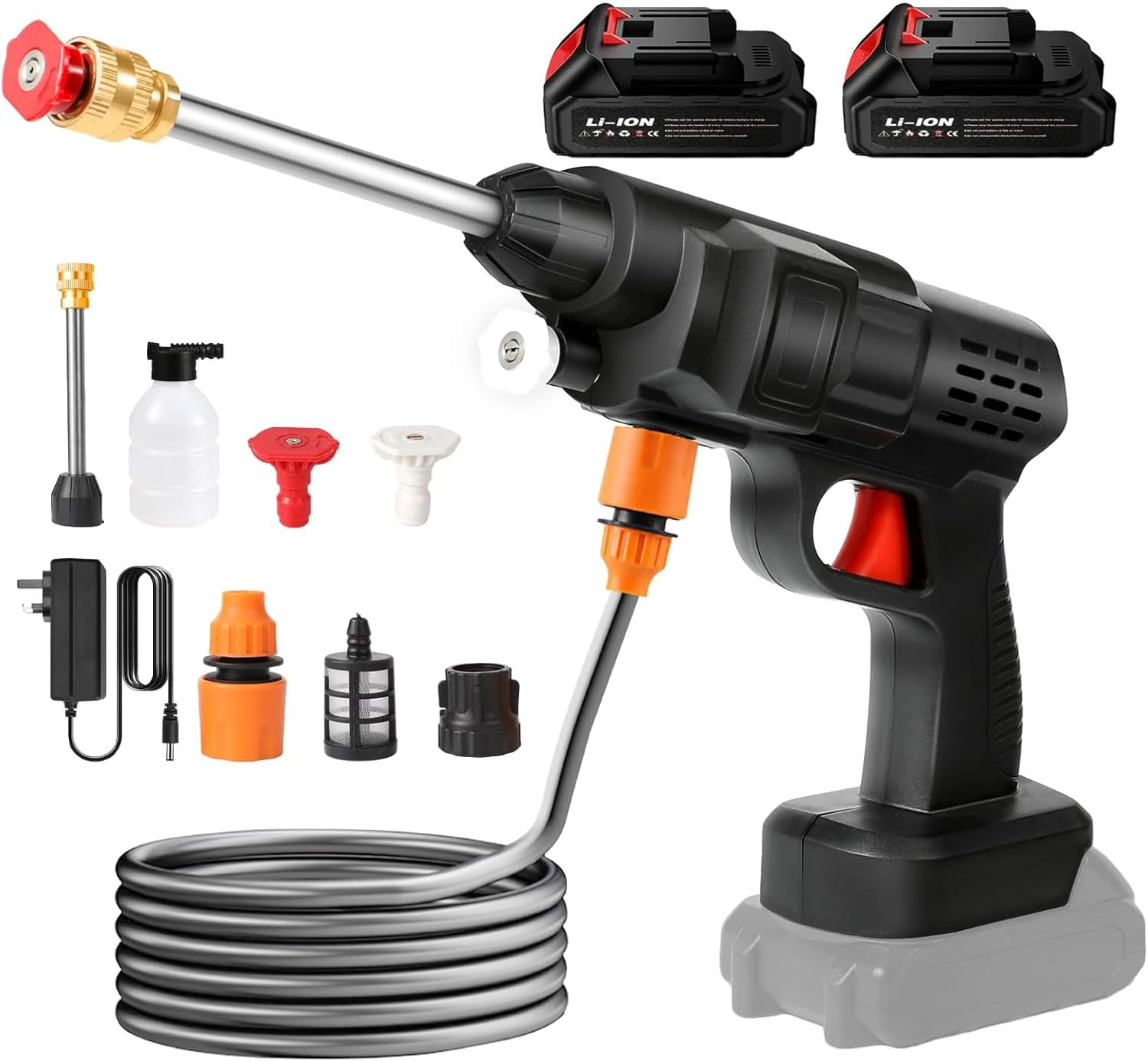 Portable Cordless High-Pressure Washer, 21V Handheld Washer Kit, Cordless Power Washer with 2 Nozzle, 2 Battery, 5m Hose Cordless Power Washer, Portable Jet Wash for Car Floor (2 Batterie)