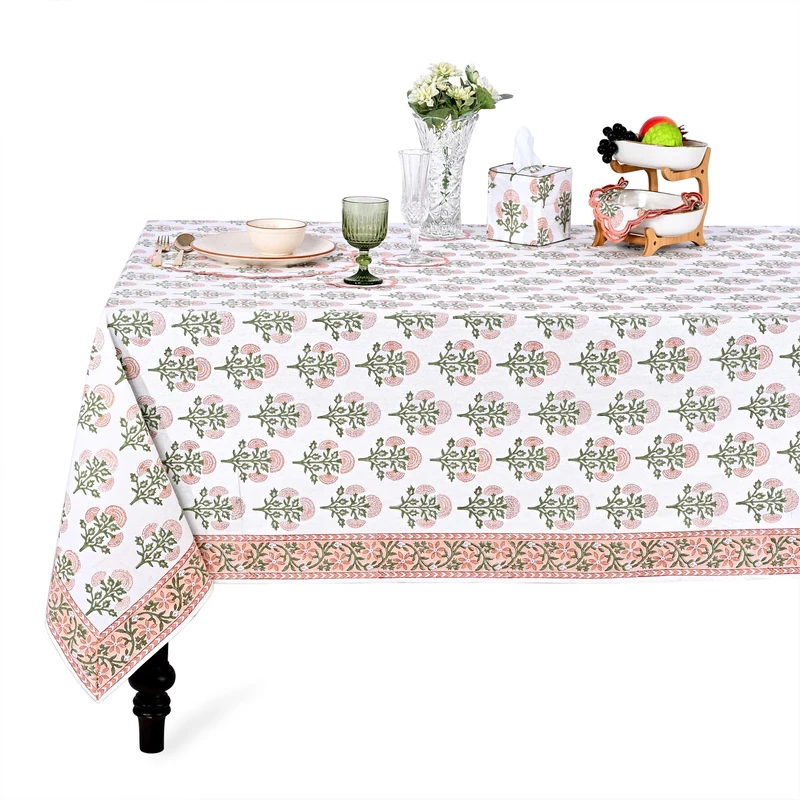 Ridhi Mughal Buta Peach Hand Block Print Cotton Rectangle Tablecloth 108" x 70" inches Reusable Table Cover Decorative Everyday Use for Dining Room, Farmhouse, Home Gift for Spring, Mother's Day