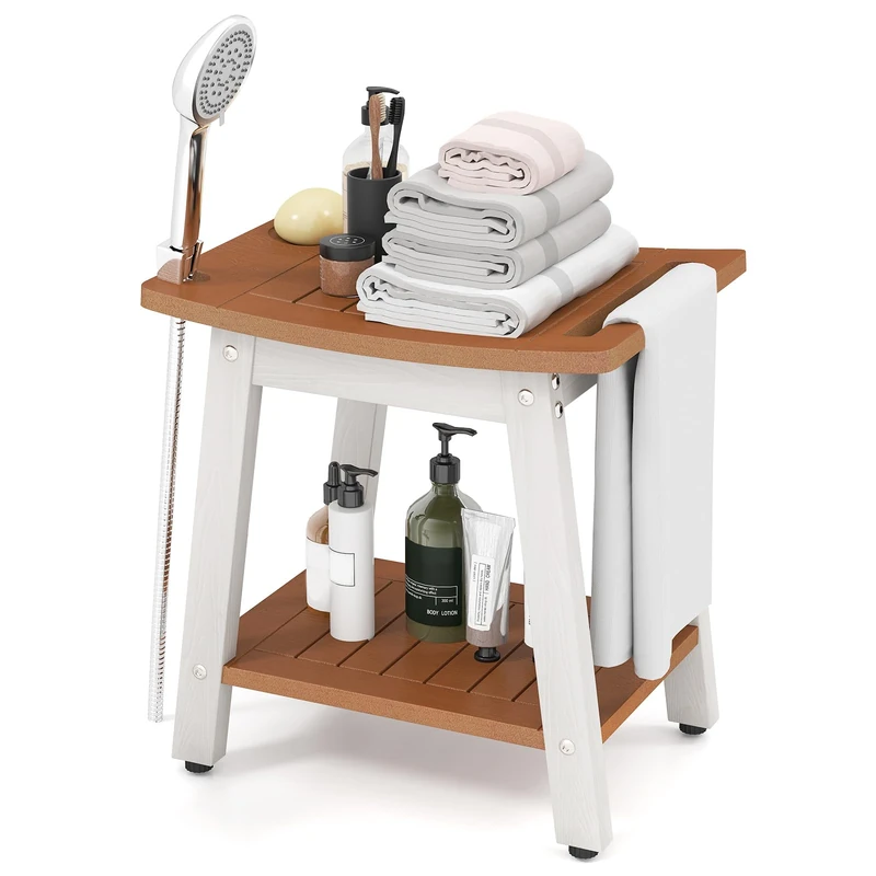 HOMFME HIPS Shower Bench, 2-Tier Spa Curved Shower Seat with Storage Shelf, Shower Head and Soap Holder, Bathtub Chair Bathroom Stool for Elderly Disabled Adults (Brown + White, 41x32x44cm)