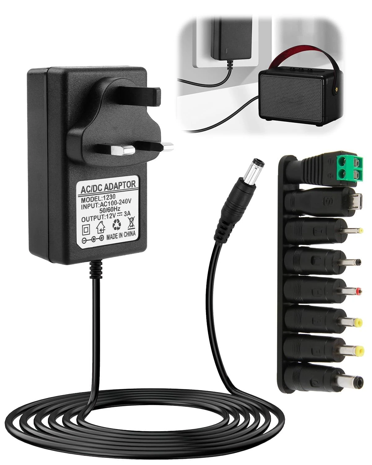 Universal Power Supply Cable Adapter UK 12V 3A 36W AC to DC with 8 Replacement Tip 100-240V 50-60Hz 5.5x2.1mm Multi Plug Head Charger Cord for Household Electronics LED Router Laptop CD Player MP3/MP4