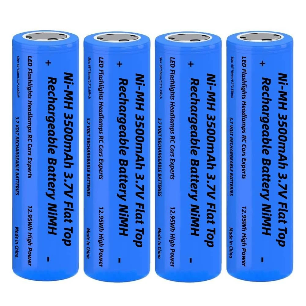 4 Pack 3500mAh Battery 3.7V, Ni-MH 3.7Volt Flat Top Batteries Rechargeable for LED Flashlight,Headlamp, Mini Fan, RC Car, Size: 18.01mm * 65.01mm / 0.7inch * 2.55inch, with Box, Not AA/AAA Batteries