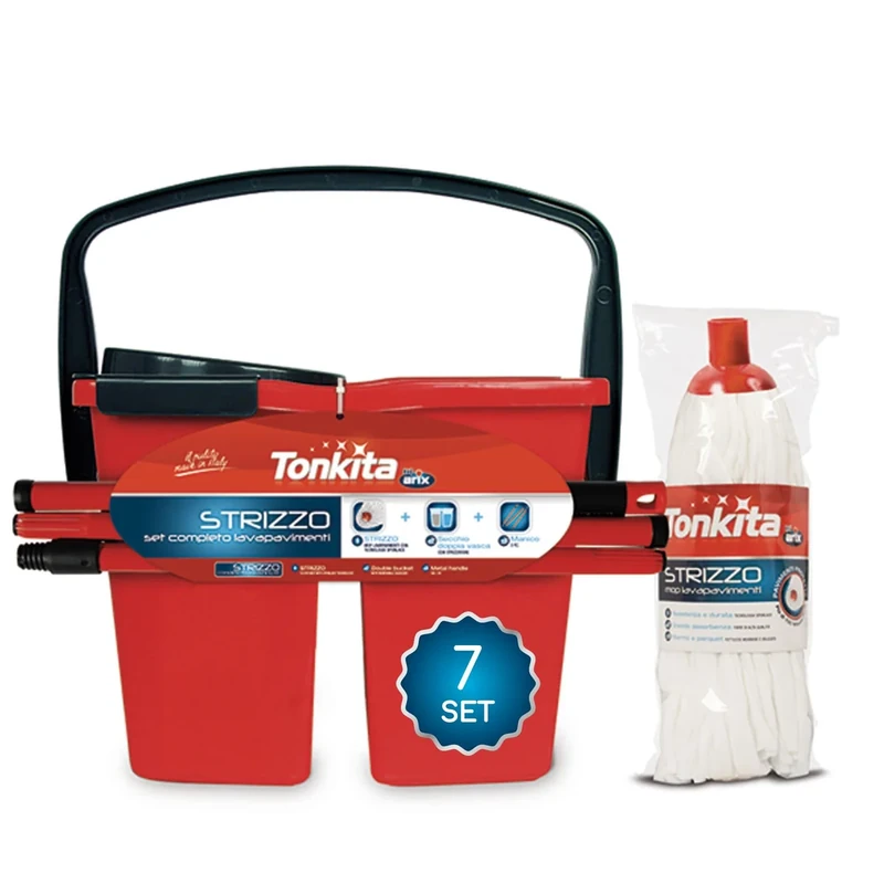 TONKITA | Strizzo, Floor Cleaning Set, 3 Pieces, Bucket with 2 Bowls with Wringer 14 Litres, Handle 130 cm in Modular Painted Steel, Mop Floor Mop – Pack of 7 Sets - Image 1