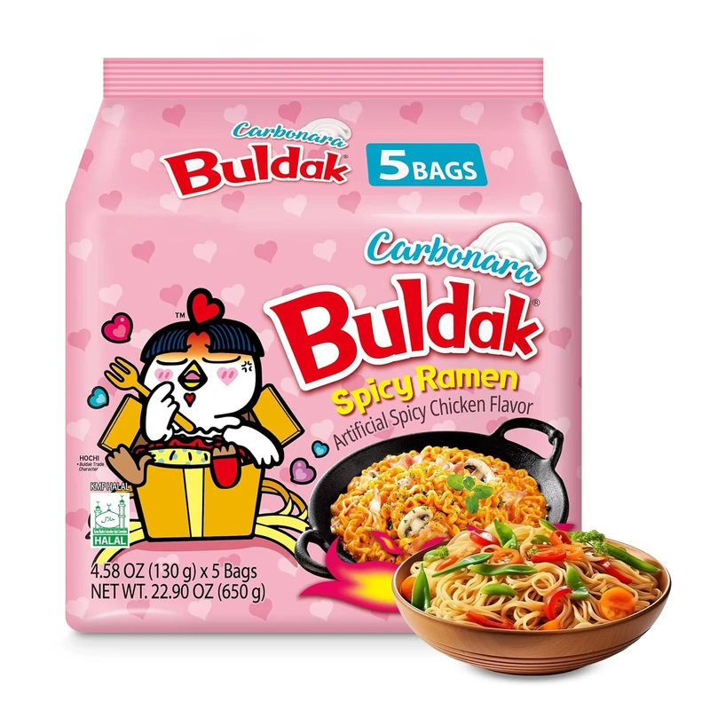 FERRIS | Buldak Spicy Hot Chicken Ramen Noodles - Limited Edition Fried Korean Carbonara Buldak Noodles Carbo Flavour Spicy & Creamy – Stir Fry/Chicken Noodle Soup – Pack of 5 (130g each)