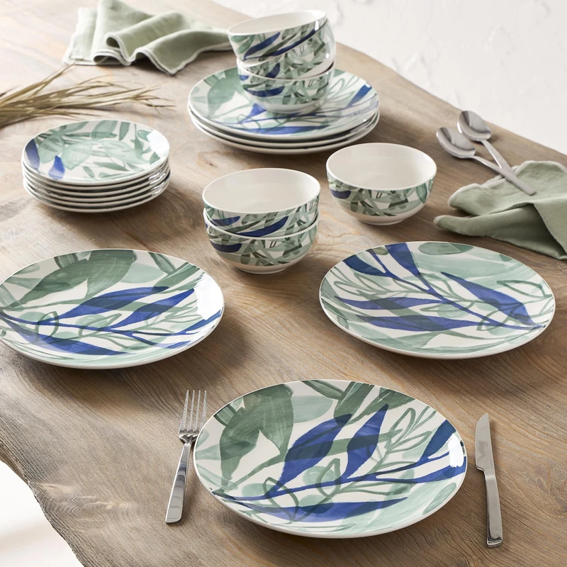 Geneviève Lethu 545868 18-Piece Porcelain Dinner Set for 6 People - Dinner Plates, Dessert Plates, Bowls - Floral Design, Blue, White, Green Kalamata Collection