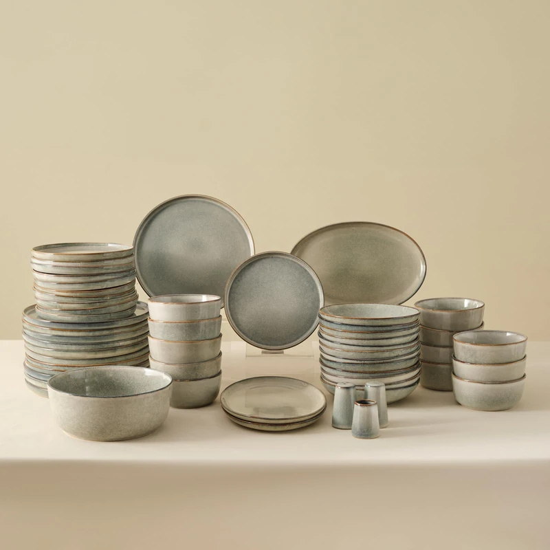 Karaca Earth Collection Skal 55-Piece Dinner Set for 12 People Timeless Grey, Modern Elegant Stoneware Plates Bowls Serving Platters, Luxury Ceramic Crockery Tableware Kit, Dishwasher Microwave Safe