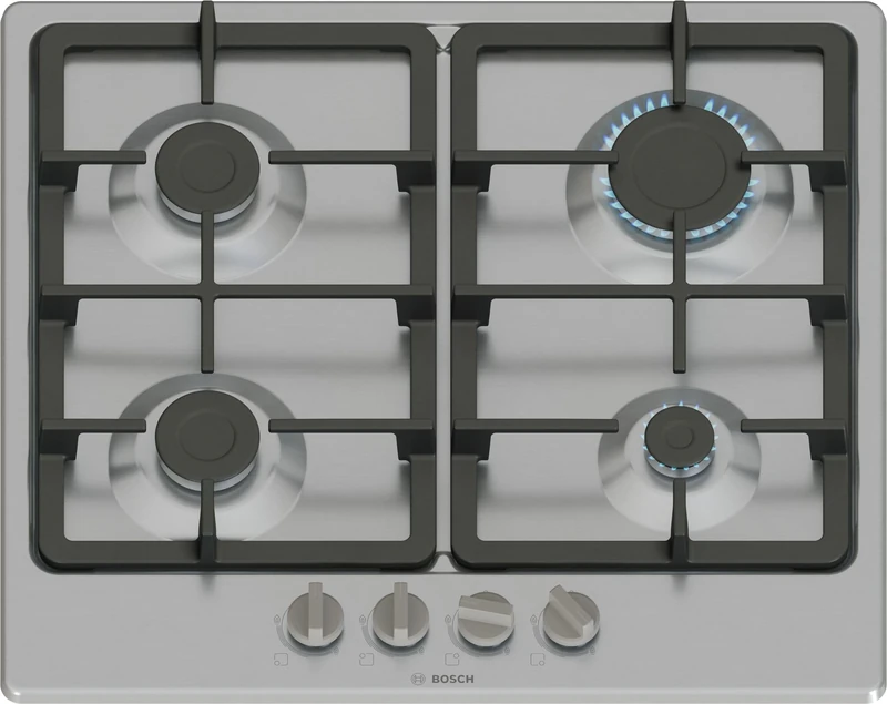 Bosch, Series 4, PGP6B5K90 60cm Gas Hob with 4 burners, 2 Dishwasher suitable cast iron pan supports, new standard sword dials, Front control