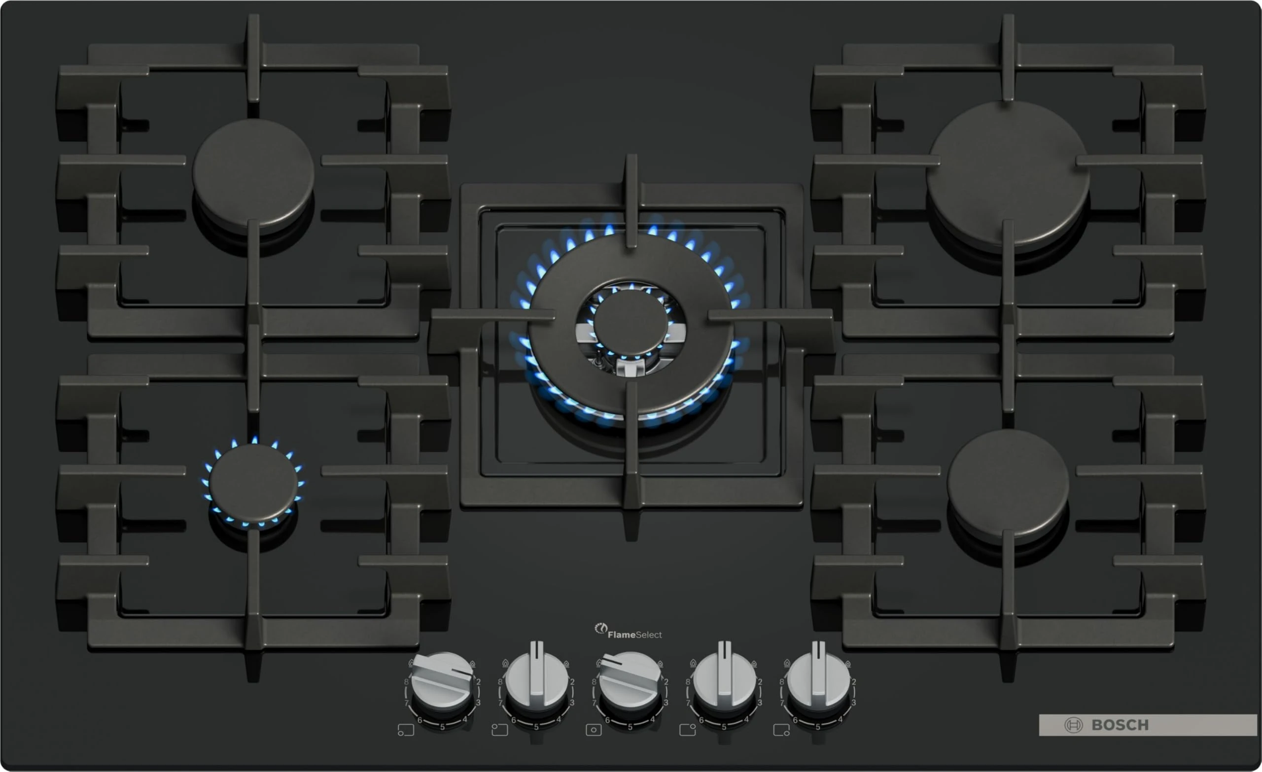 Bosch, Series 6, PPQ7A6I40, 75cm Gas Hob with 5 burners, 4kW Wok burner, Optimised FlameSelect, 5 Dishwasher suitable cast iron supports, Detachable metallic sword dials, Star layout, Tempered Glass