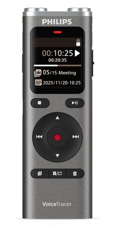 Philips DVT2075 VoiceTracer, Audio Recorder, MP3 and PCM, microphones, rich stereo sound. Sembly AI trial license: transcription, AI created summaries, AI powered meeting insights
