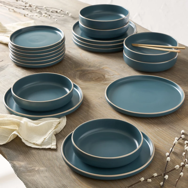 Geneviève Lethu 545869 18-Piece Stoneware Dinner Set for 6 People - Flat Plates, Soup Plates, Dessert Plates - Straight Shape, Enamel Edge AEKI Collection