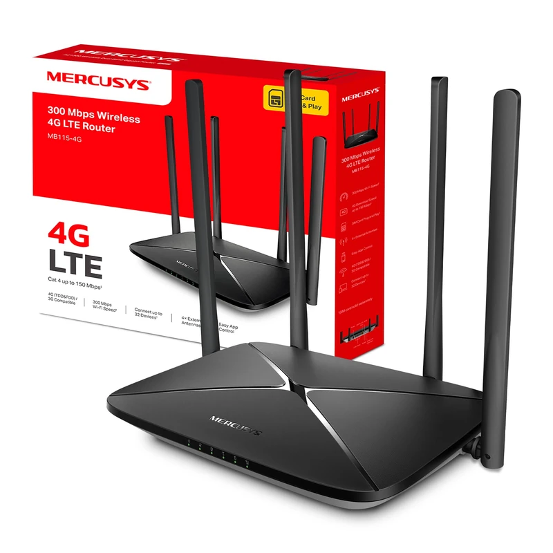 MERCUSYS MB115-4G 300 Mbps 4G Router With Sim Slot, 4G/3G Compatible, Wireless LTE Cat 4 With WiFi Router Mode, 4 External Antennas, Plug and Play, Connect up to 32 Devices, TP-Link Always-On Network