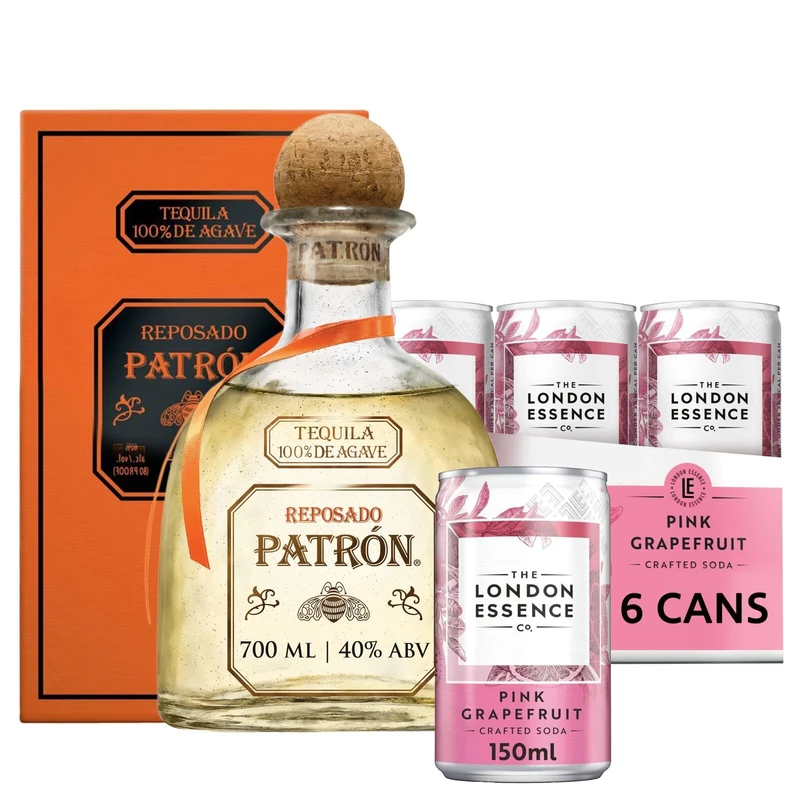 Paloma Cocktail Bundle with PATRÓN Reposado Tequila, 70 cl / 700 ml + The London Essence Co. Pink Grapefruit Soda, 15 cl / 150 ml (Pack of 6), Perfect for Gifting and Easy Cocktails at Home