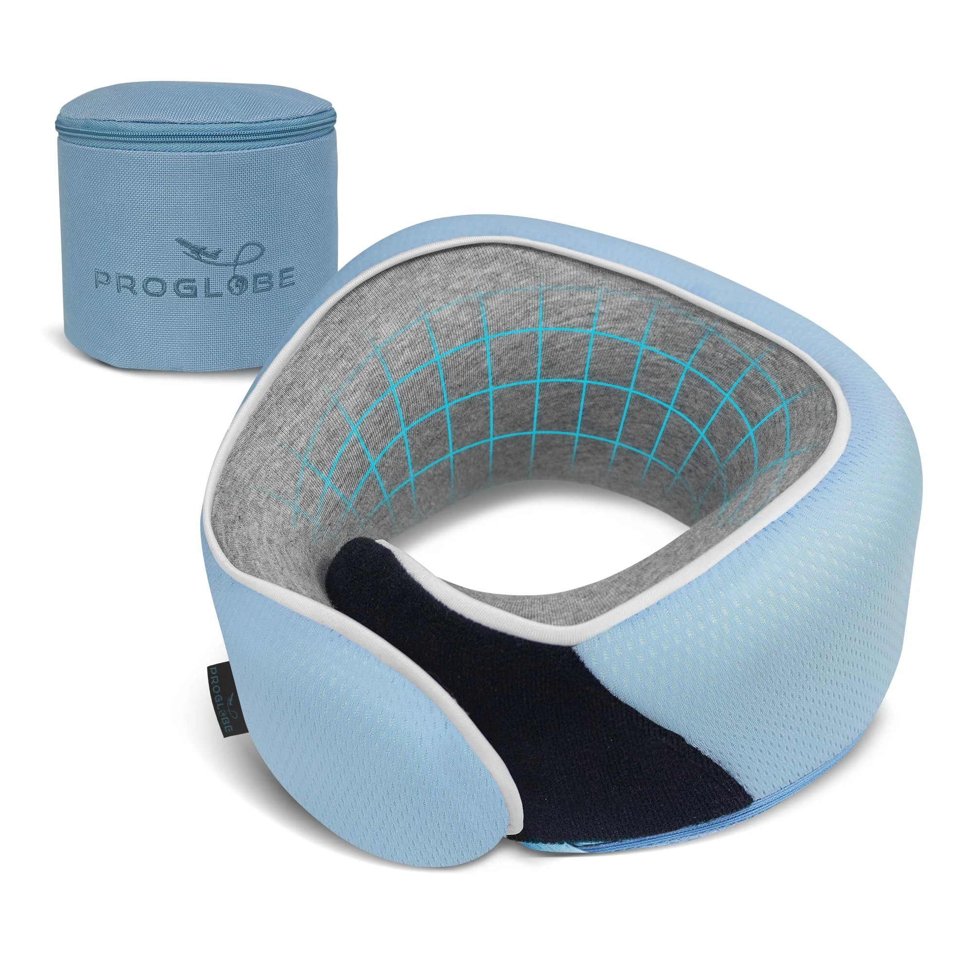 Proglobe Junior Travel Neck Pillow for Kids - Ergonomic Memory Foam Support for Car, Plane & Coach - Washable, Soft, Lightweight Pillow with Strap - Ideal for Ages 4-13, (Light Blue - Kids)