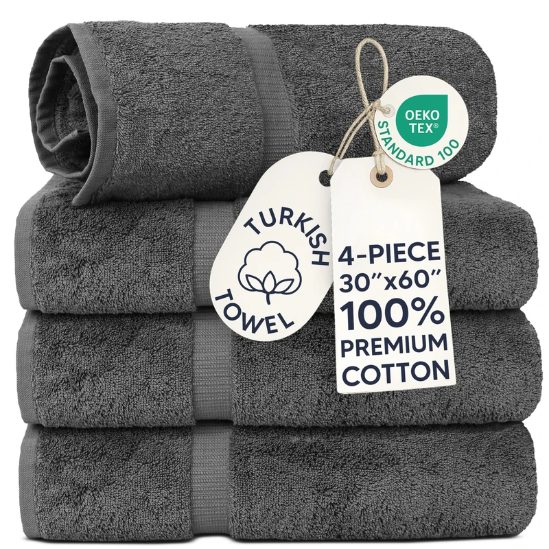 Chakir Turkish Linens | Hotel & Spa Quality 100% Cotton Premium Turkish Towels | Soft & Absorbent (30x60 Inches Extra Large Bath Towels, Set of 4 - Dark Gray)