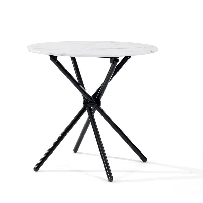 FurnitureR Round Dining Table,80x80cm Modern Style, Metal Frame with Chopstick Designed Leg,Wooden Top，White Marble