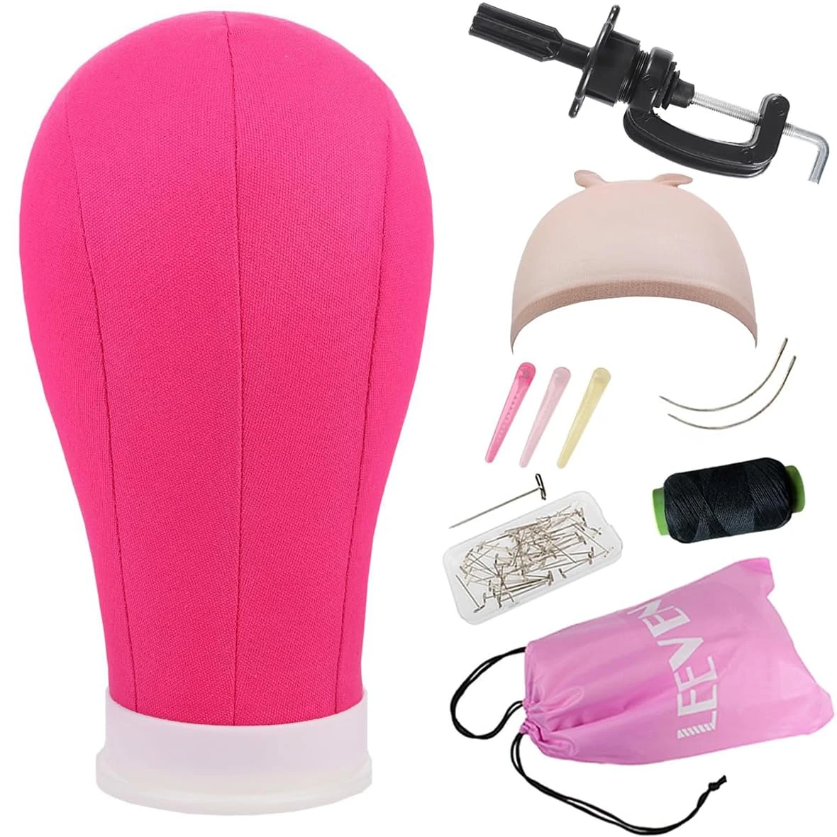 Leeven 23 Inch Canvas Wig Head Poly Manikin Head for Making Wigs Professional Mannequin Head with T Pins Clamp Stand Canvas Block Head Wig Making Accessories 23 Inch /Pink