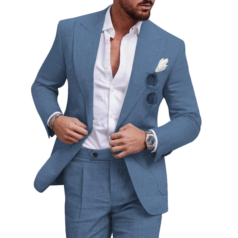 UNINUKOO Linen Suit for Men Summer Wedding 2 Piece Suit Set Peak Lapel Casual Blazer Pants Beach Wear for Men, Light Blue, L