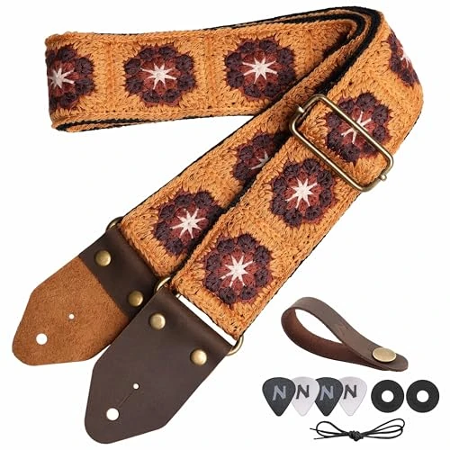 Nefelibata Guitar Strap,Crazy Horse Leather Jacquard Embroidery Cotton Guitar Straps for Bass, Electric & Acoustic, Best Gifts for Guitarists(Retro Brown Multi Flower)