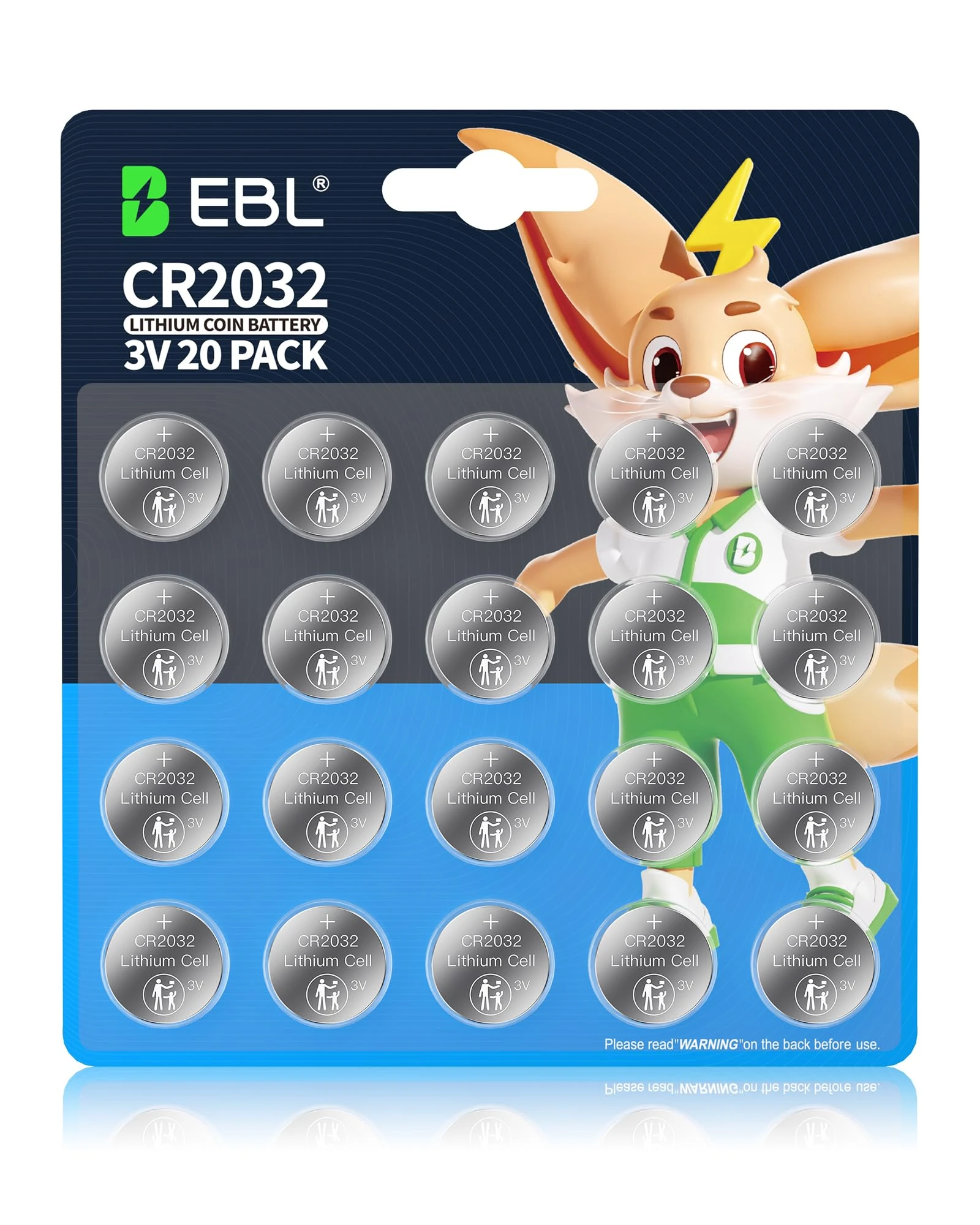 EBL CR2032 Lithium 3v Coin Battery - CR2032 Batteries 20 Pack, Child-Safe Packaging, Long-Lasting Power, Premium CR2032 Button Cell Batteries for Car Key Fobs, Watches, Scales, AirTag