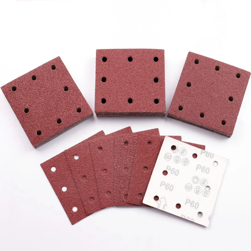 Sruhrak 110x115mm Sandpaper, 50 Pieces Sanding Sheets Hook and Loop Sanding Pads 60 Grits Rectangular Sander Paper Set for Bosch Electric Sander Polishing, Rust Removal
