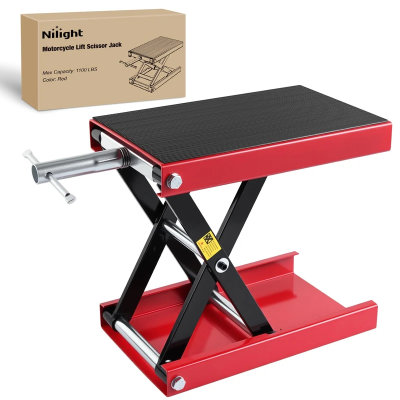 Nilight Motorcycle Lift Jack 1100 LBS Scissor Jack Stand Lift from 3.4" to 14.2" with Wide Deck Crank Handle Steel Scissor Hoist Garage Repair Lifter Table Jacks for Motorcycles ATV Dirt Bike, Red