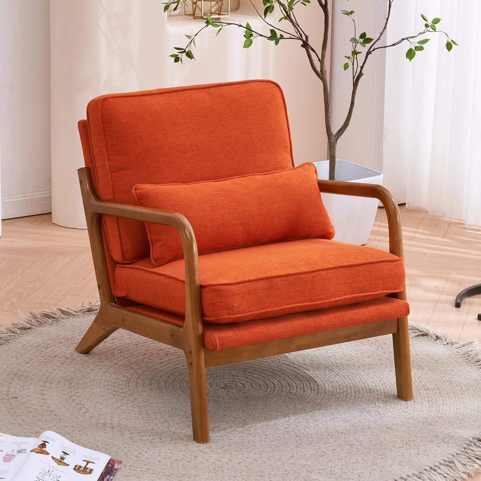 Karl home Linen-Blend Armchair with Oak Arms & Lumbar Pillow – Sturdy Tub Chair for Living Room, Bedroom, Lounge (150kg Capacity, Orange