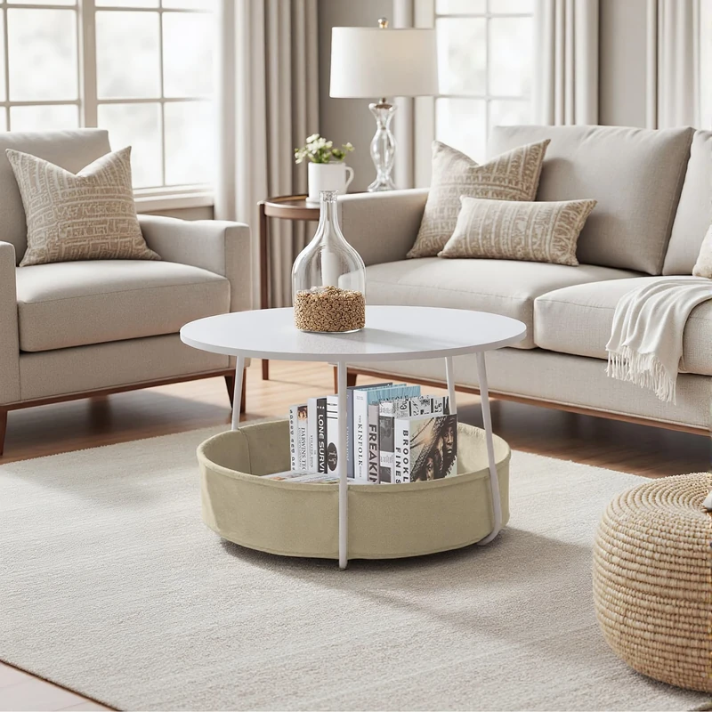 FurnitureR Round Coffee Table with Storage,High Gloss White Center Table for Living Room with Fabric Basket,D75*75*H45.5cm