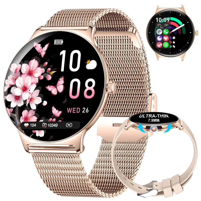 HIRREO Smart Watch for Women Answer/Make Calls, 1.43" AMOLED Ultra-thin Display, 100+ Sports Modes Fitness Tracker Smartwatch Message Notification Music DIY Watch 5ATM Waterproof for Android iOS