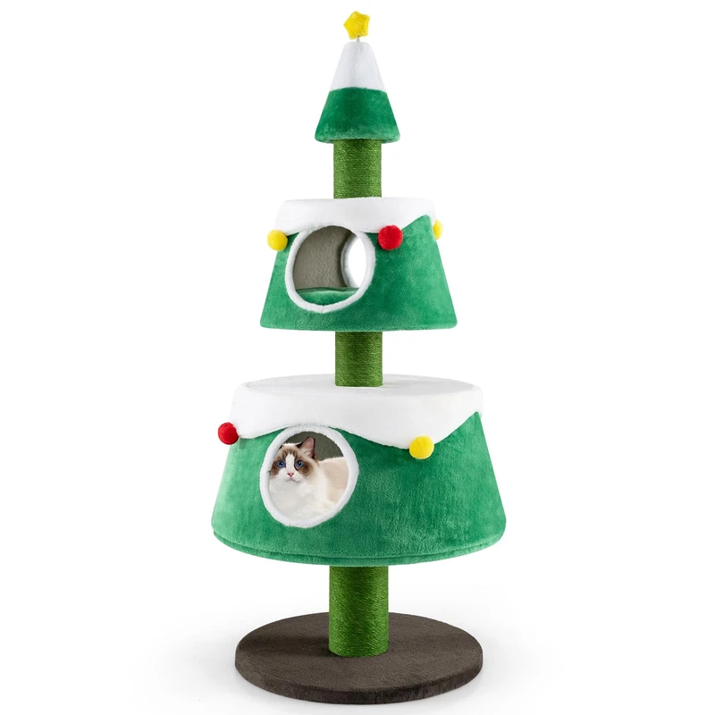 GYMAX Cat Tree, 156cm Christmas Tree Shape Kitty Tower