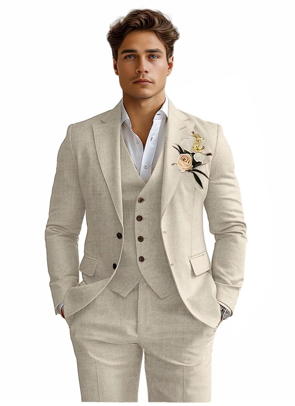Mens Suits 3 Piece Slim Fit Linen Tuxedo Suit for Men Wedding Formal Business Suit Groom Prom Beach Set Outfits, Beige, L