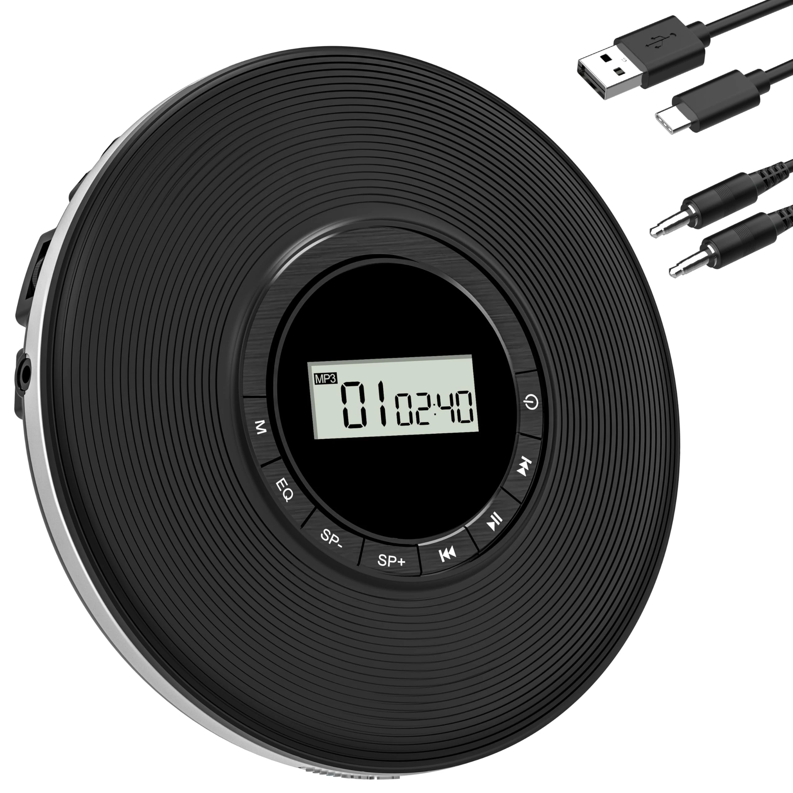 Greadio Portable CD Player, Discman CD-Player with Anti-Skip Protection and 4 EQ Sounds, TF Card/AUX Output, Compatible with CD, CD-R, CD-RW and MP3 for Home/Car (Black)