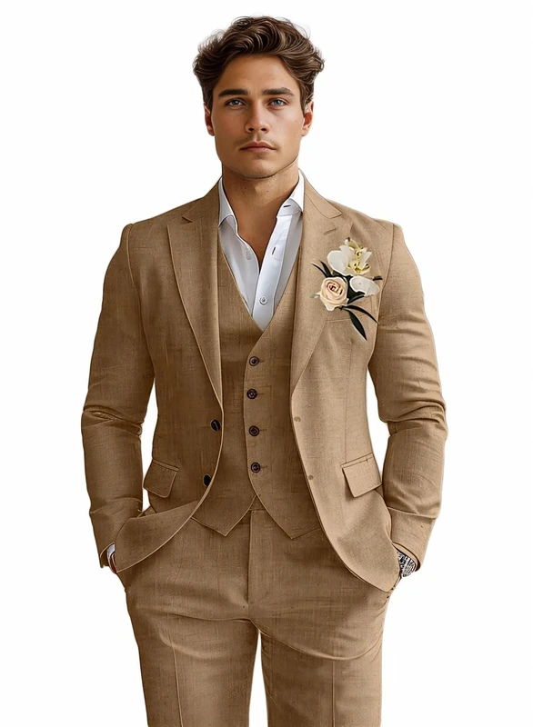 Linen Mens Suits 3 Piece Slim Fit Tuxedo Suit for Men Beach Wedding Formal Business Suit Groom Prom Set Outfits, Khaki, M