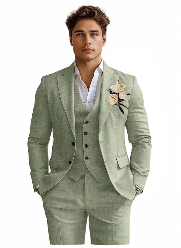 Linen Mens Suits 3 Piece Slim Fit Tuxedo Suit for Men Beach Wedding Formal Business Suit Groom Prom Set Outfits, Sage Green, M