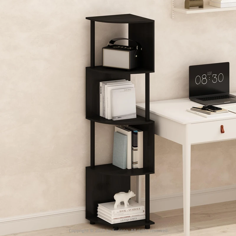 Furinno BASIC Book Shelf, 4-Tier Bookshelf, Bookcase with Zigzag Corner Shelf, 36.07 x 36.07 x 146.56 cm, for Living Room, Bedroom, Home Office, Espresso/Black - Image 1