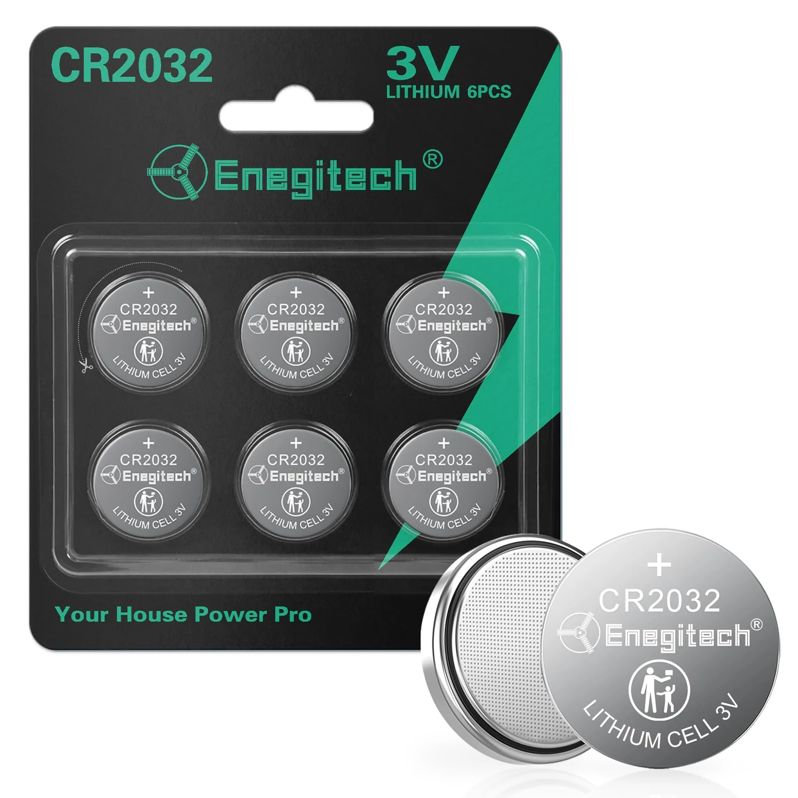 Enegitech CR2032 Lithium Coin Batteries Button 2032 3V Recommended for Use in Key Fobs, Watches, Calculators, Remote Controls, Thermometers, Key Finder GPS Compatible 6-Pack