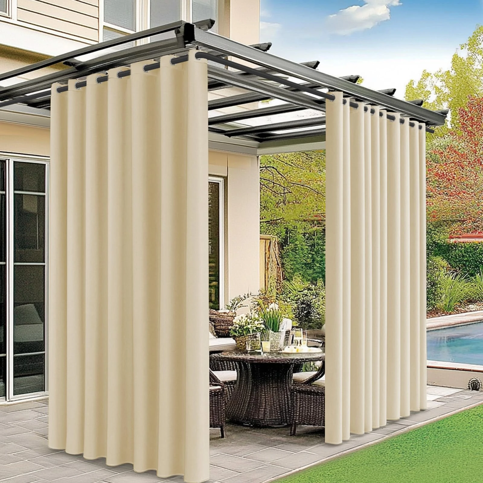 M METERXITY Outdoor Curtains for Patio Waterproof, 110W x 96L Inch Heavy Gazebo Curtains for Outdoor Patio, Porch, Sunlight [Cream, Grommet Top]