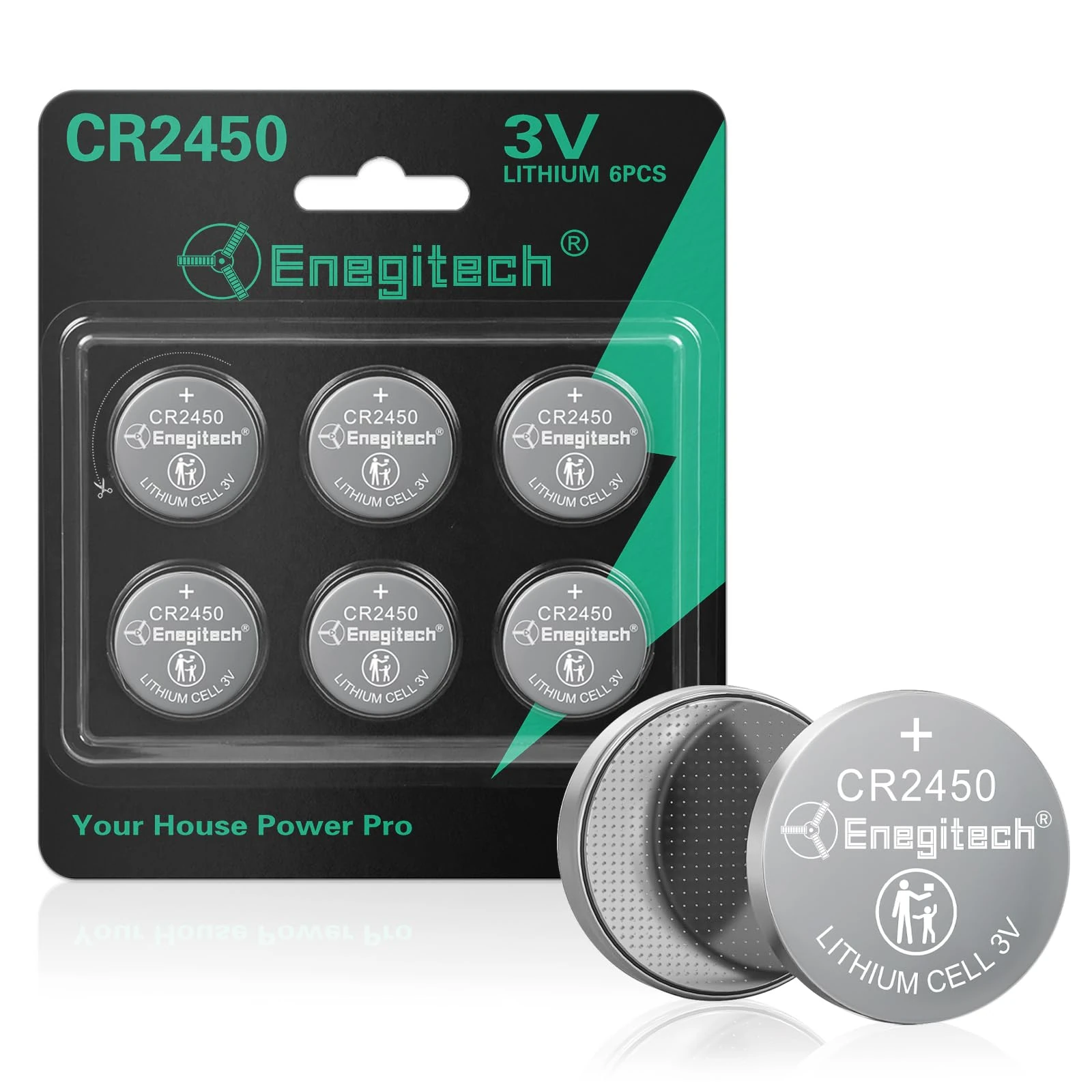 Enegitech CR2450 Lithium Coin Batteries Button 2450 3V for Use in Key Fobs, Scales, and Temperature Sensors, Hygrometers, Remote Controls, Electronic Scales, Digital Clocks, Smart Meters (6 Pack)